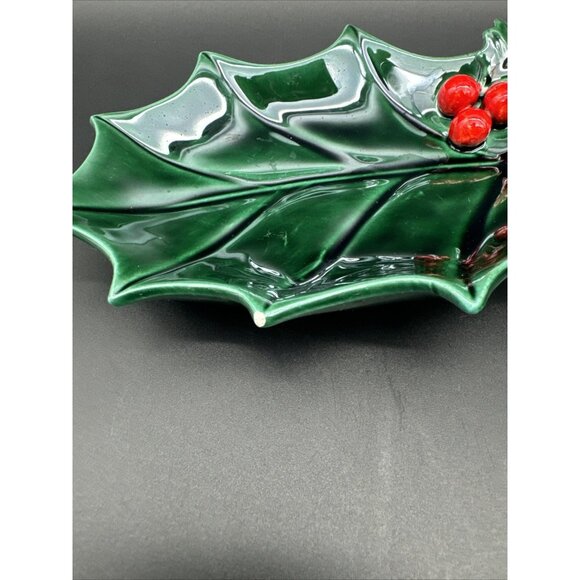 Vintage Lefton Christmas Ceramic Holly Berry Tree Salt Pepper Leaf Dish Set READ - Picture 8 of 16